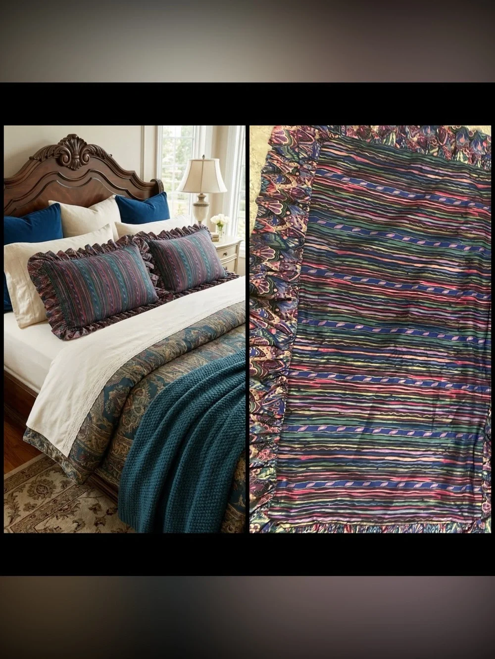 2 ViTG 90s Grandmillennial King Mix Print Jewel Tone Ruffle Trim Pillow Shams